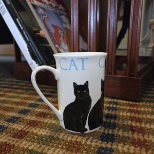 Vintage Kent Pottery Black Cat Kitty Slim Mug Tea Cup White Blue Made In England